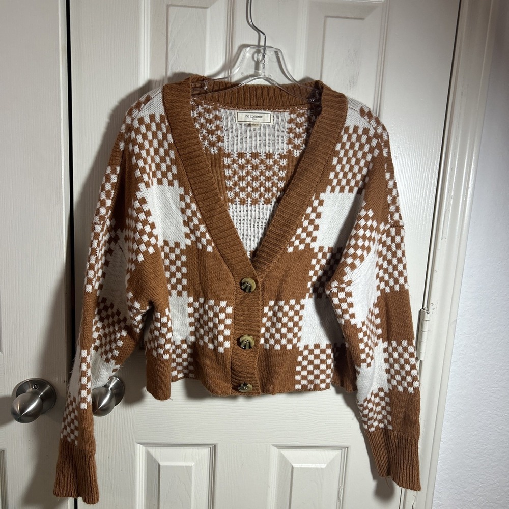 No Comment Brown and White Check Pattern Cropped Cardigan Sweater Size XL